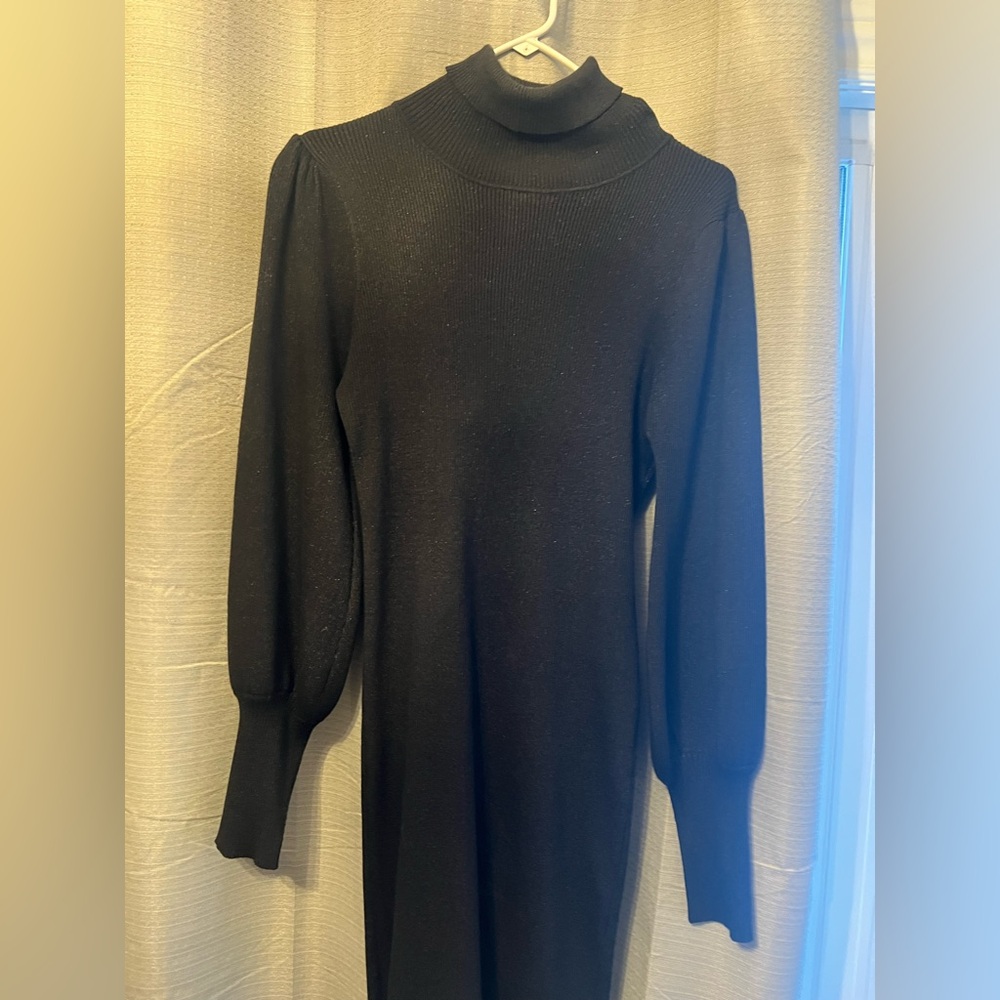 Balloon Sleeve Black Women's Knit Mini Dress - Fine glitter